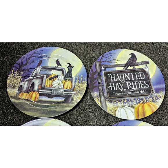 HALLOWEEN Dinner Plates Melamine Ware 11" HAUNTED HAY RIDES & White Truck 4 Pcs - Picture 2 of 2